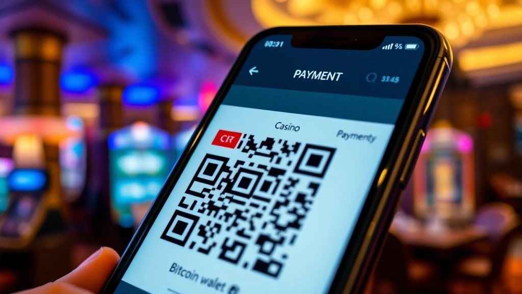 Close-up of a smartphone displaying a Bitcoin QR code payment interface with a luxury casino interior blurred in background, showing digital wallet application
