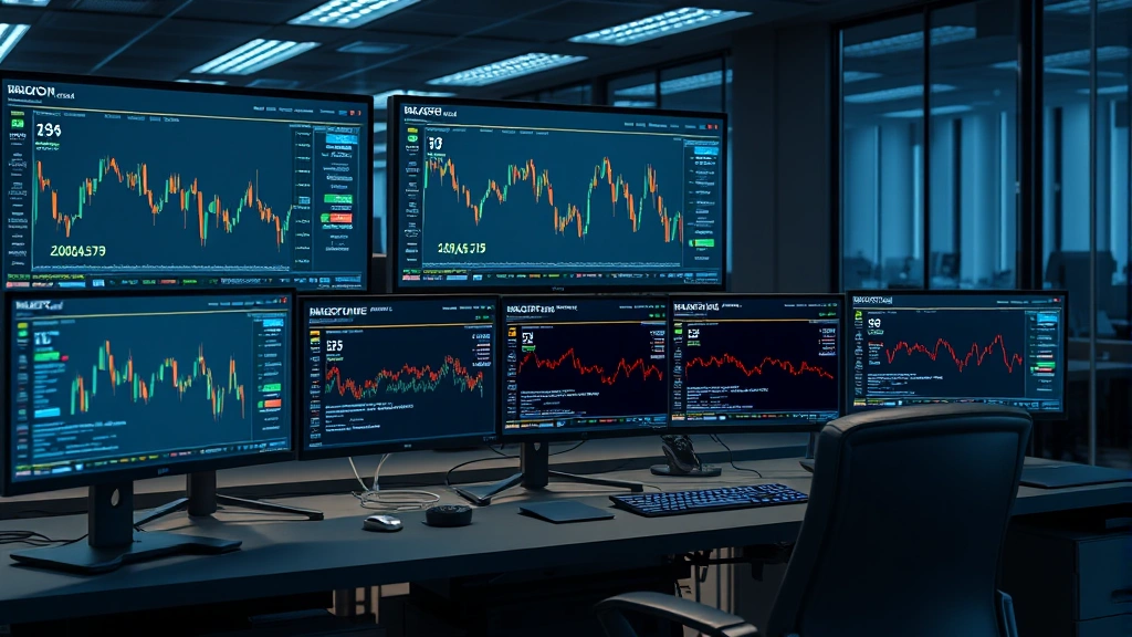 Photorealistic photograph of a modern cryptocurrency trading desk with multiple monitors displaying blockchain networks, digital wallets interface, professional office environment, no charts or ticker symbols visible