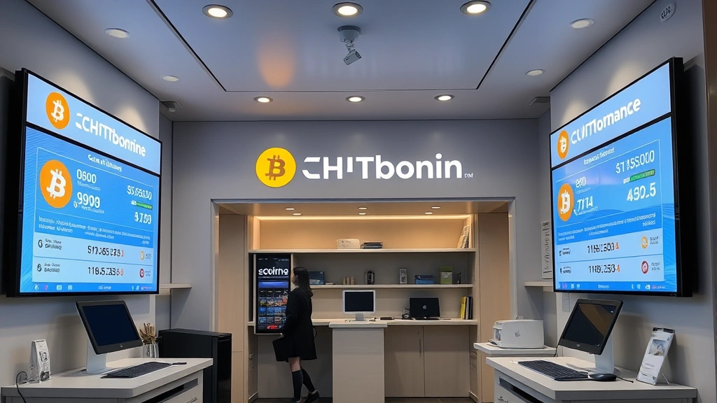 Modern cryptocurrency exchange kiosk interior with professional setup, digital displays showing currency conversion, sleek minimalist design, professional lighting, no visible prices or text