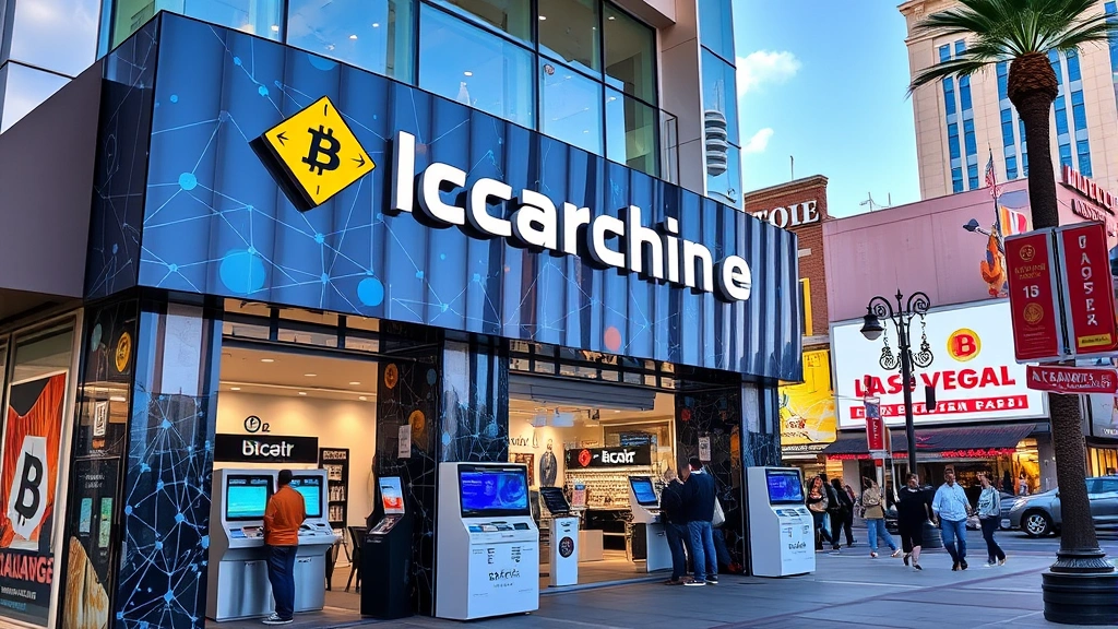Modern cryptocurrency exchange storefront in downtown Las Vegas with blockchain-themed architectural elements, people interacting with digital payment terminals, vibrant urban setting