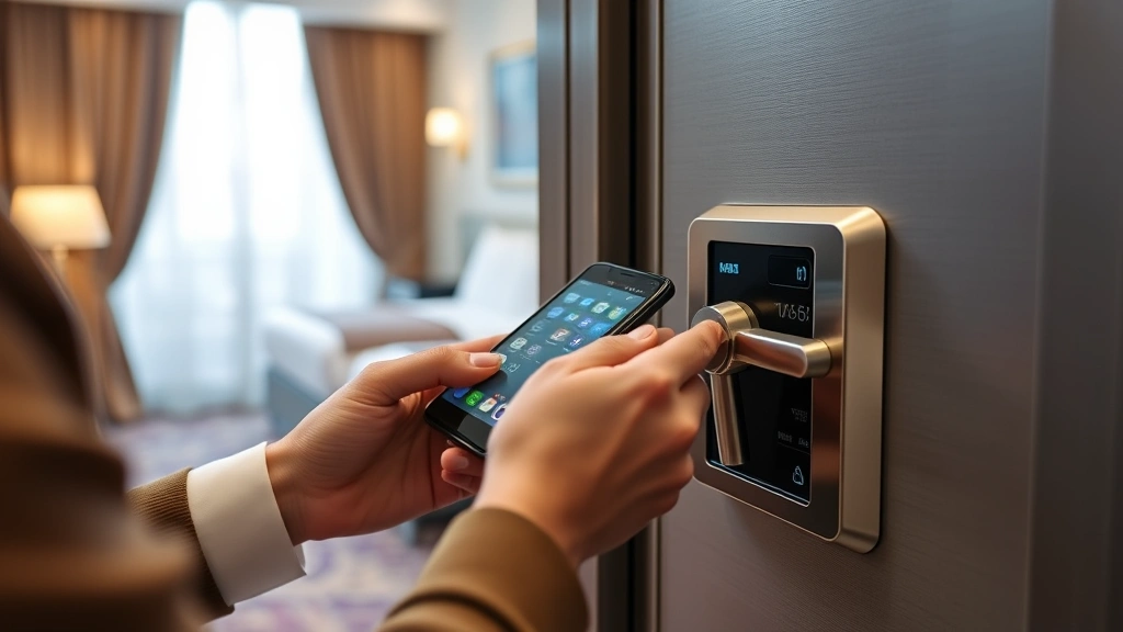 Person securing digital wallet hardware device safe deposit box luxury hotel room professional security setup