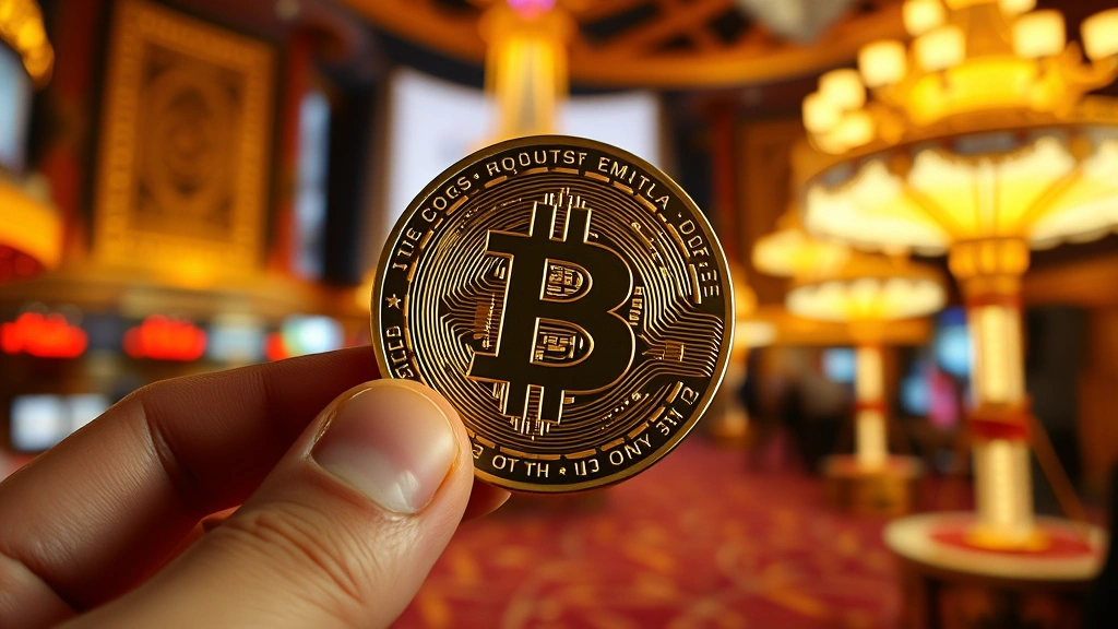 Photorealistic close-up of a Bitcoin physical coin held in someone's hand against a blurred Las Vegas casino background with warm lighting, crystal clear focus on the coin's details