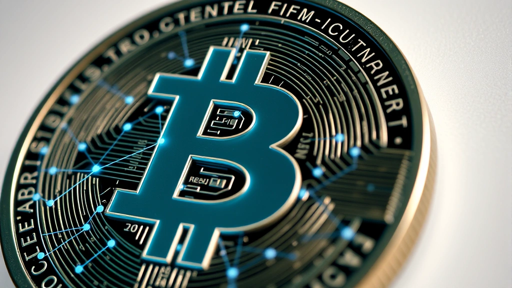 Detailed close-up of physical Bitcoin and blockchain visualization, showing interconnected nodes and digital pathways representing network security, modern tech aesthetic against neutral background
