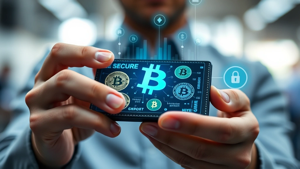Person using hardware wallet device with Bitcoin symbols, secure crypto storage visualization, hands holding tech device, professional photography style