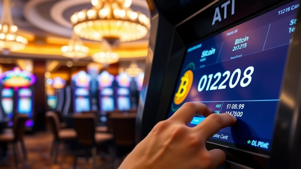Close-up of hands using a Bitcoin ATM machine in a Vegas casino lobby, displaying Bitcoin logo and exchange rates on screen, professional cryptocurrency transaction
