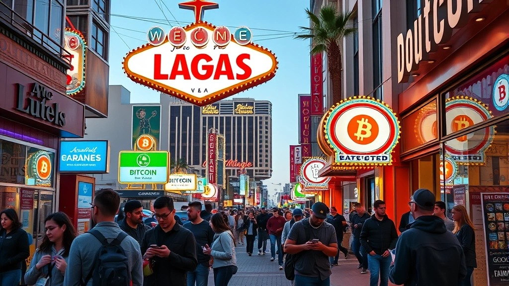 Las Vegas street scene with merchants displaying Bitcoin and cryptocurrency payment signs, diverse customers using mobile devices for transactions, downtown neon architecture