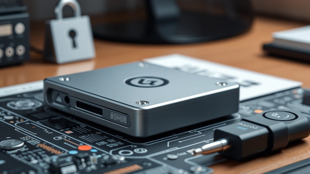 Photorealistic image of a secure hardware wallet device on a desk with cryptographic security elements, professional lighting, technology-focused composition, no visible text or identifying information