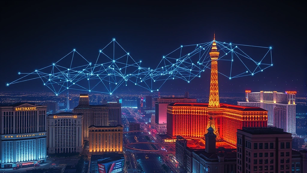 Futuristic Las Vegas night skyline with holographic blockchain visualization floating above the city, digital networks connecting buildings, cyberpunk aesthetic, atmospheric lighting, no readable text
