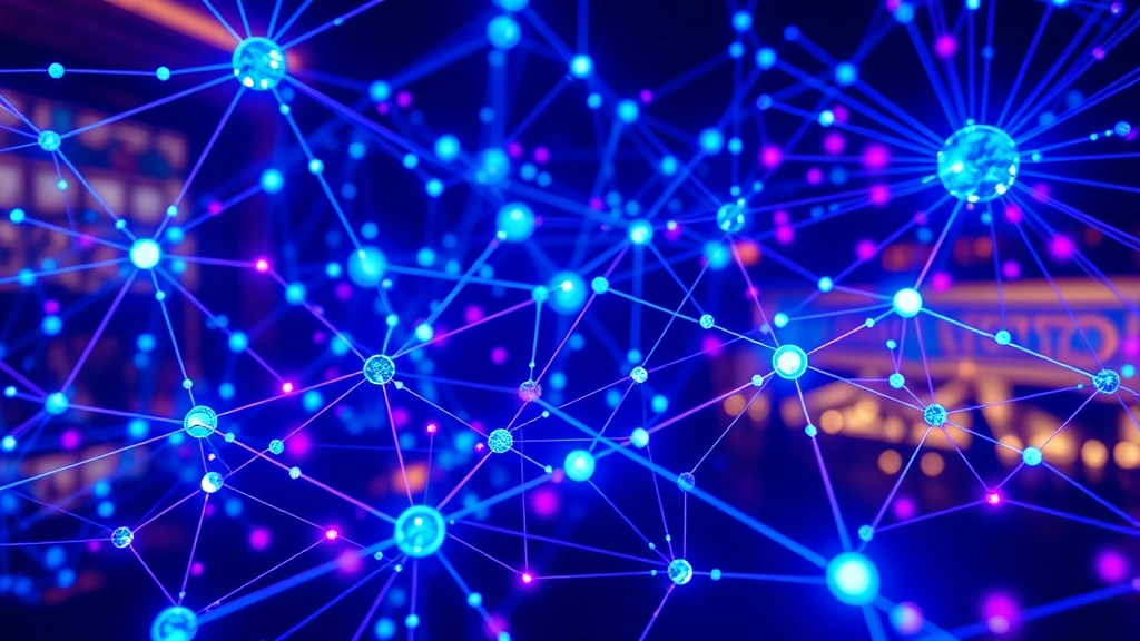 Blockchain network visualization with interconnected nodes and digital transactions flowing, representing cryptocurrency payment infrastructure in Las Vegas with bright blue and purple holographic effects