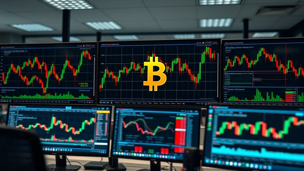 Cryptocurrency trading charts displayed on multiple screens secure office environment Bitcoin blockchain technology visualization