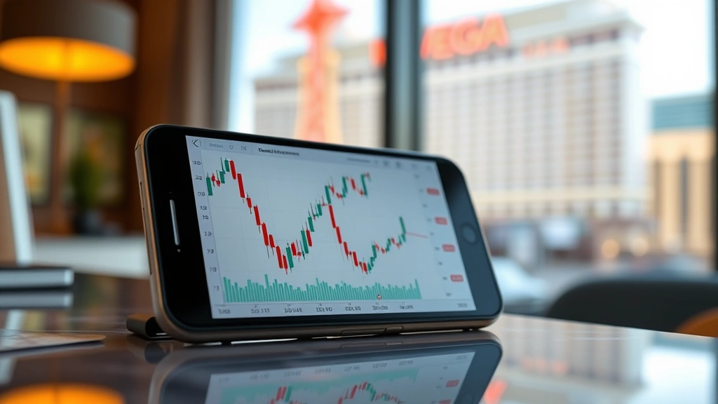 Photorealistic image of a smartphone displaying a cryptocurrency trading interface with candlestick charts in soft focus, sitting on a modern hotel desk with Vegas window view blurred in background, no readable text