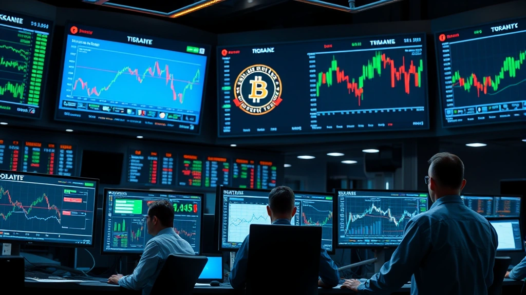 Photorealistic scene of cryptocurrency exchange trading floor with multiple monitors displaying blockchain data, professional traders analyzing market trends, sophisticated financial technology environment