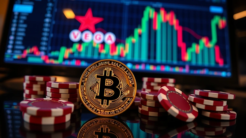 Bitcoin chart candles with Las Vegas casino chips nearby, market analysis concept, trading screens reflection, cryptocurrency investment imagery