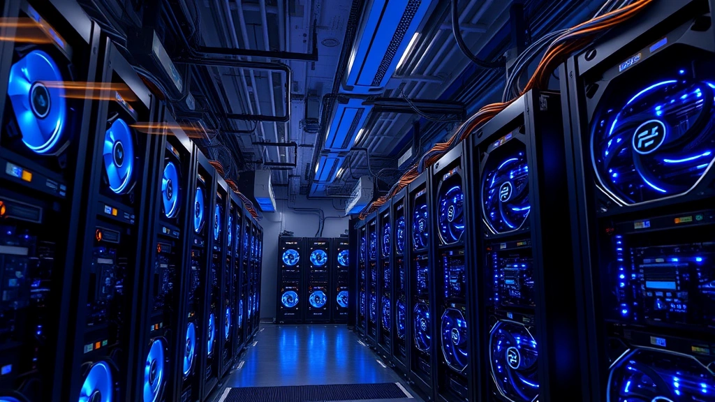 High-tech mining facility interior showing rows of ASIC mining rigs with blue LED lights, cooling systems, and cables, photorealistic industrial cryptocurrency mining operation