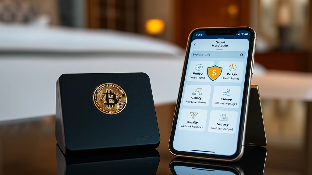 Secure hardware wallet device next to smartphone showing cryptocurrency security features, representing digital asset protection in luxury hotel setting