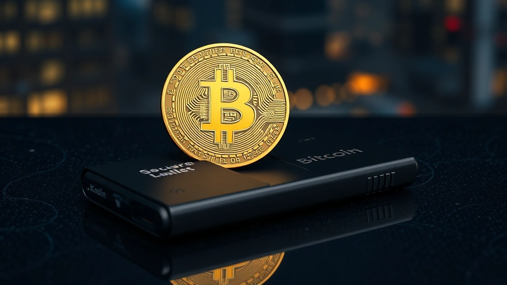 Secure hardware wallet device positioned next to Bitcoin physical representation on a dark surface with city lights reflection, emphasizing security and storage concepts
