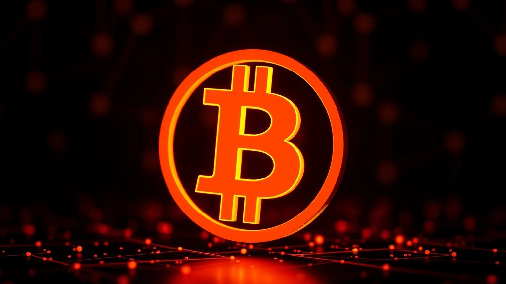Close-up of orange Bitcoin symbol glowing against deep black background with blurred blockchain network nodes in background, photorealistic lighting, digital art style, no text