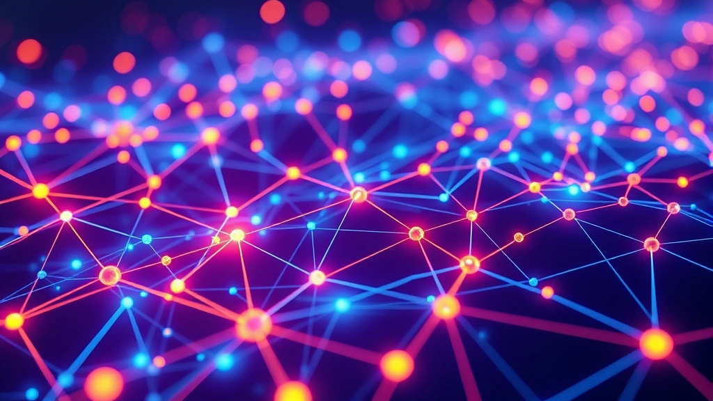 Interconnected cryptocurrency nodes and blockchain connections visualized as glowing network mesh, vibrant neon blue and orange colors, 3D perspective, abstract technical background, no text