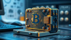 Photorealistic image of a secure bitcoin hardware wallet sitting on a desk with security locks and protective elements, blue and gold lighting, no text or labels visible