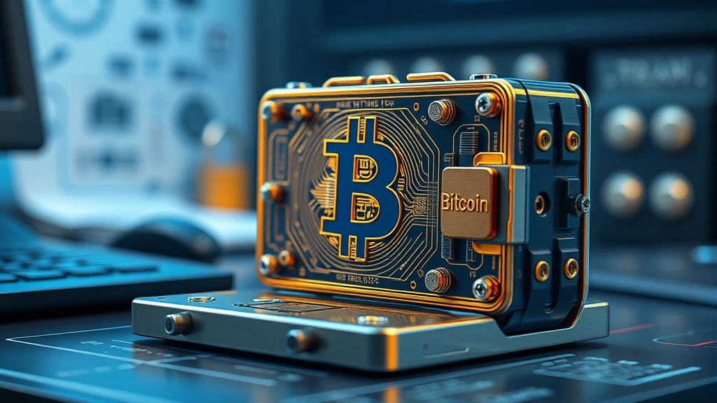 Photorealistic image of a secure bitcoin hardware wallet sitting on a desk with security locks and protective elements, blue and gold lighting, no text or labels visible