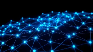 Digital visualization of Bitcoin network nodes interconnected with glowing blue and green lines, showing blockchain technology infrastructure with abstract geometric patterns representing data flow across a dark background