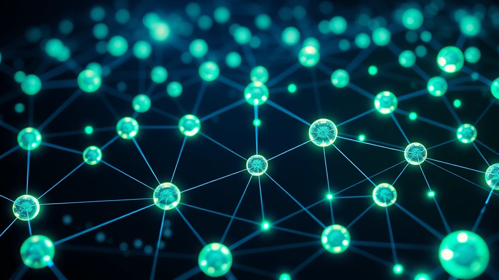 Photorealistic image of interconnected blockchain nodes visualized as glowing spheres connected by light networks, representing Bitcoin's distributed security architecture, dark background with blue and green luminescence
