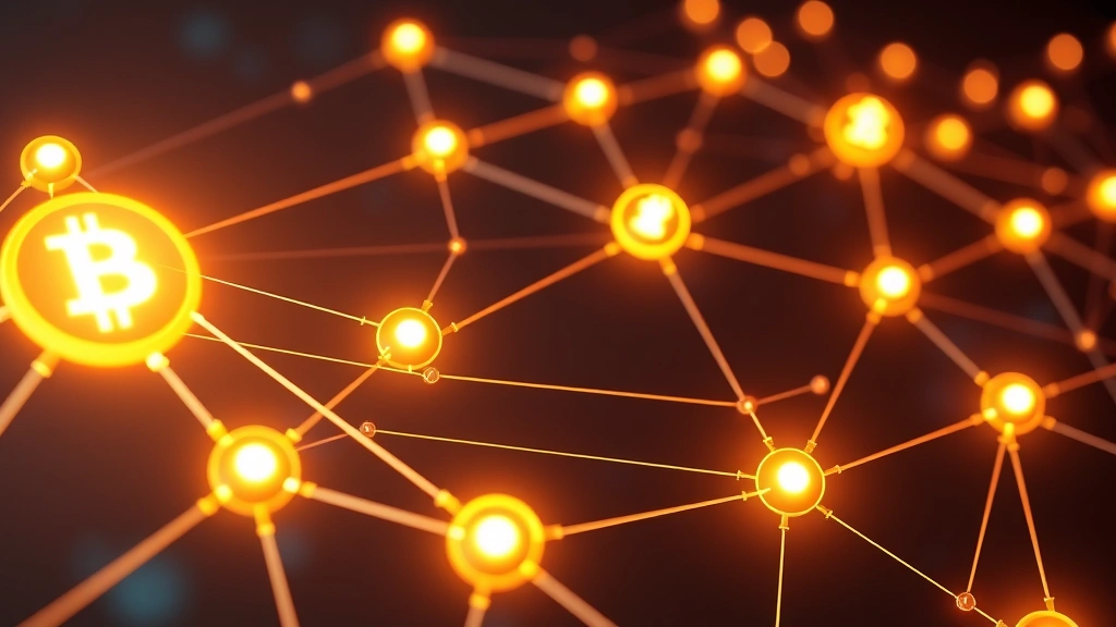 Photorealistic image of a secure blockchain network with glowing nodes connected by light paths, representing Bitcoin's distributed security architecture and cryptographic protection mechanisms