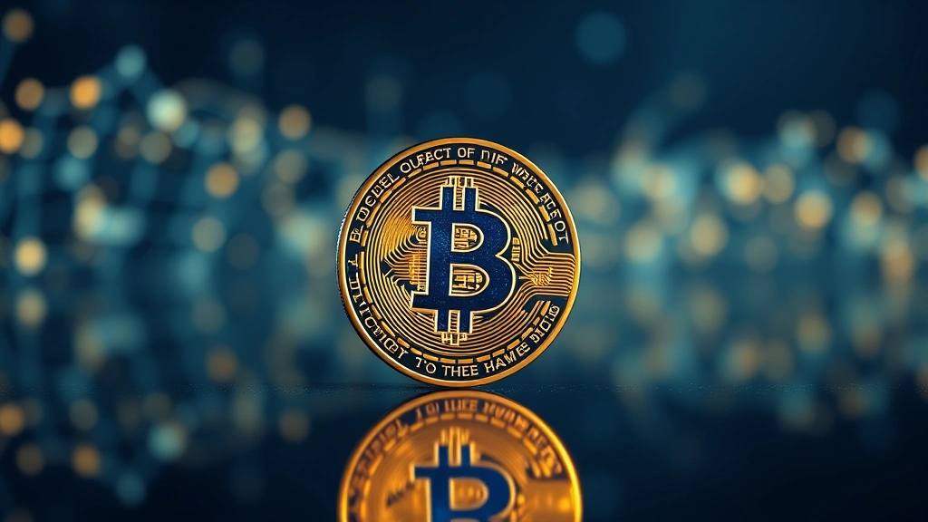 Photorealistic image of a Bitcoin physical coin with holographic elements glowing under soft blue and gold lighting, positioned on a reflective dark surface with digital blockchain nodes visible in the blurred background, modern cryptocurrency concept visualization
