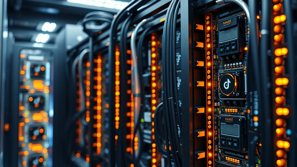 Close-up of cryptocurrency mining hardware with illuminated circuit boards and cooling systems, photorealistic, professional mining facility environment, no text or labels visible