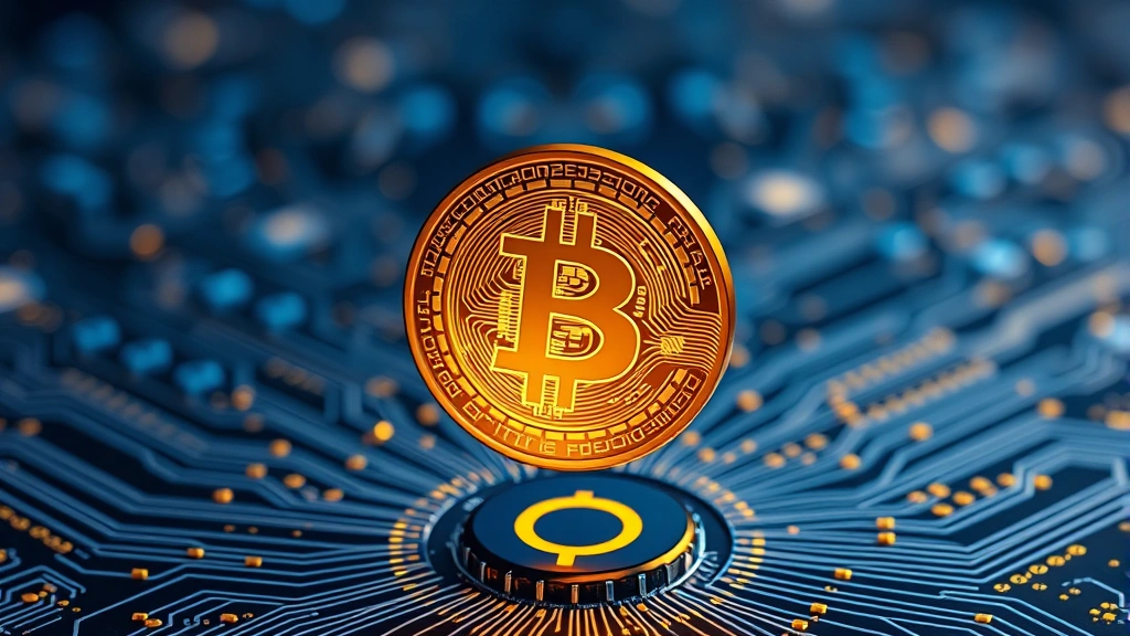 Photorealistic image of glowing Bitcoin coin suspended above circuit board patterns with blue and gold lighting, representing digital currency and blockchain technology without any text or numbers