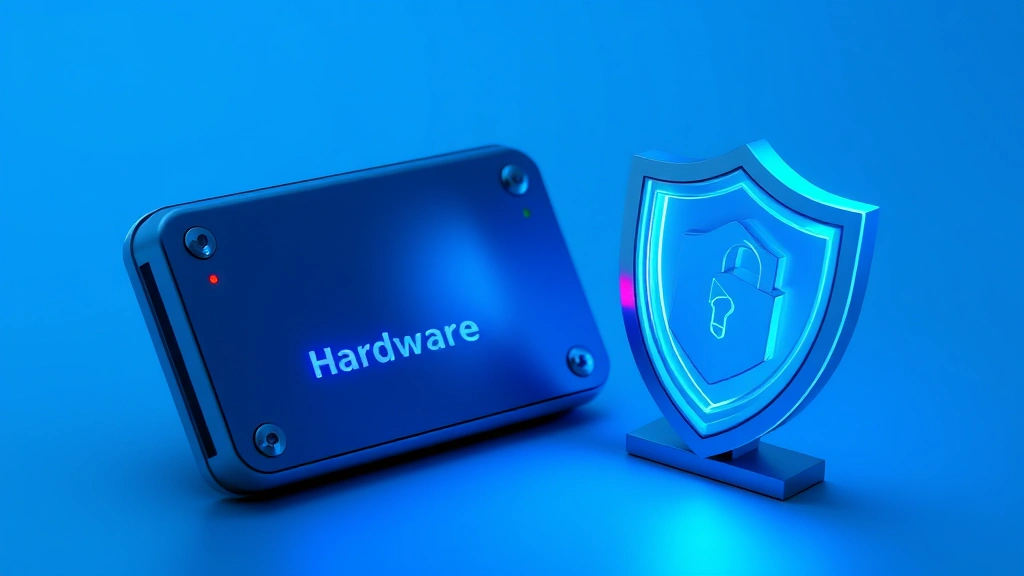 Photorealistic photograph of a secure hardware wallet device with LED indicators, positioned next to a digital security shield symbol, representing cryptocurrency custody and security measures, clean minimalist composition with blue and silver tones
