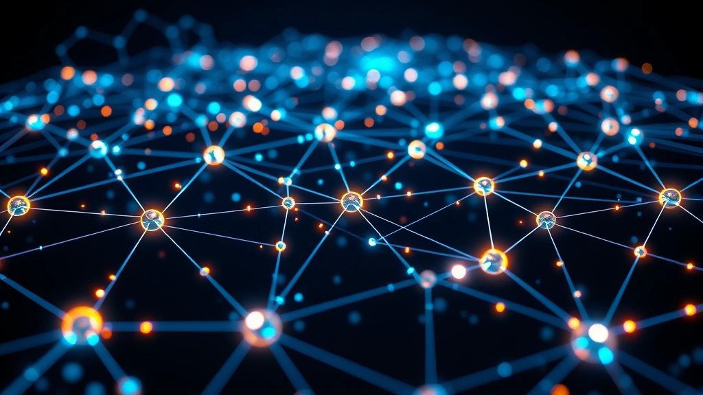 Digital blockchain network visualization with interconnected nodes and glowing data streams, representing distributed ledger technology, abstract but photorealistic rendering, no text
