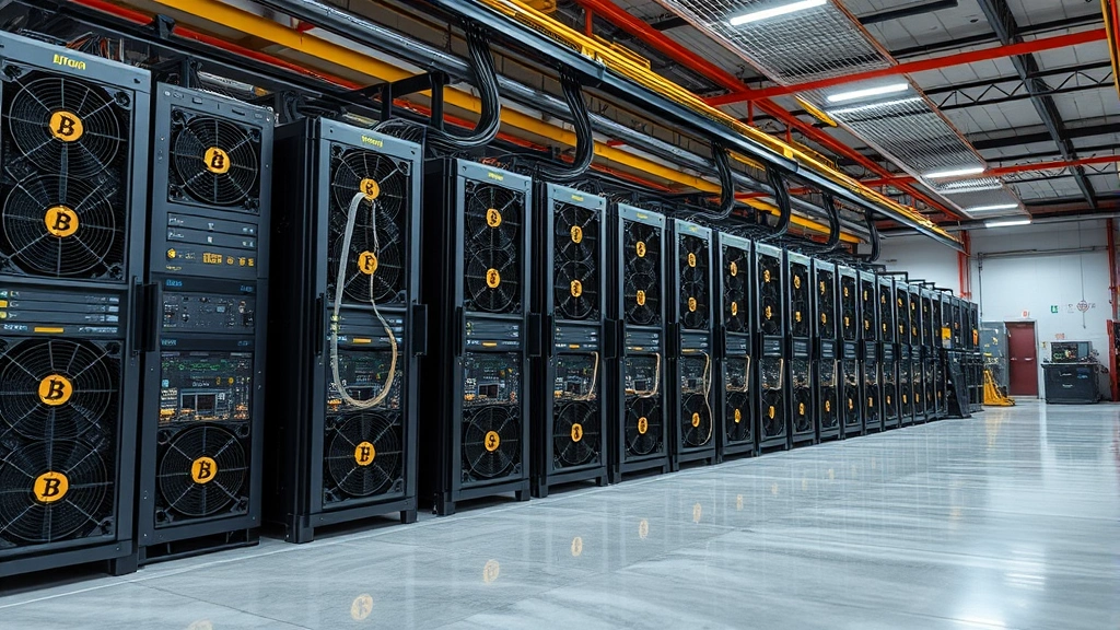 Bitcoin mining operation with multiple computers and cooling systems in industrial warehouse setting, showing the technological infrastructure behind cryptocurrency networks, no visible text