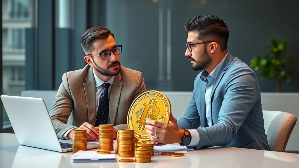 Professional photorealistic image of a modern financial advisor discussing investment strategy with a client, representing prudent Bitcoin investment planning and risk assessment