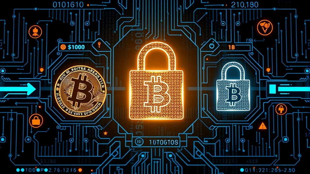 High-security cryptocurrency wallet interface showing Bitcoin symbols and digital lock mechanisms with encrypted data visualization, completely text-free design