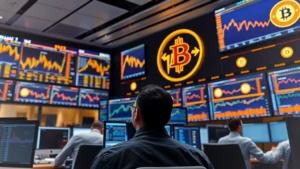 Institutional Bitcoin trading floor with multiple screens displaying price charts, professional traders analyzing data, modern finance office environment with sleek technology infrastructure, blue and gold color scheme, daytime lighting, high-resolution photography