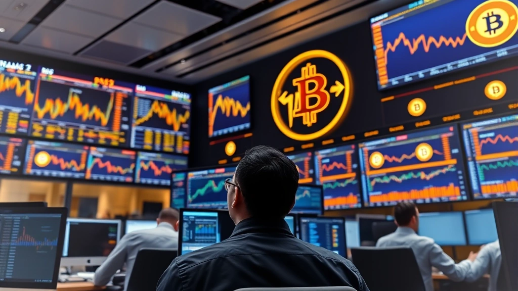 Institutional Bitcoin trading floor with multiple screens displaying price charts, professional traders analyzing data, modern finance office environment with sleek technology infrastructure, blue and gold color scheme, daytime lighting, high-resolution photography