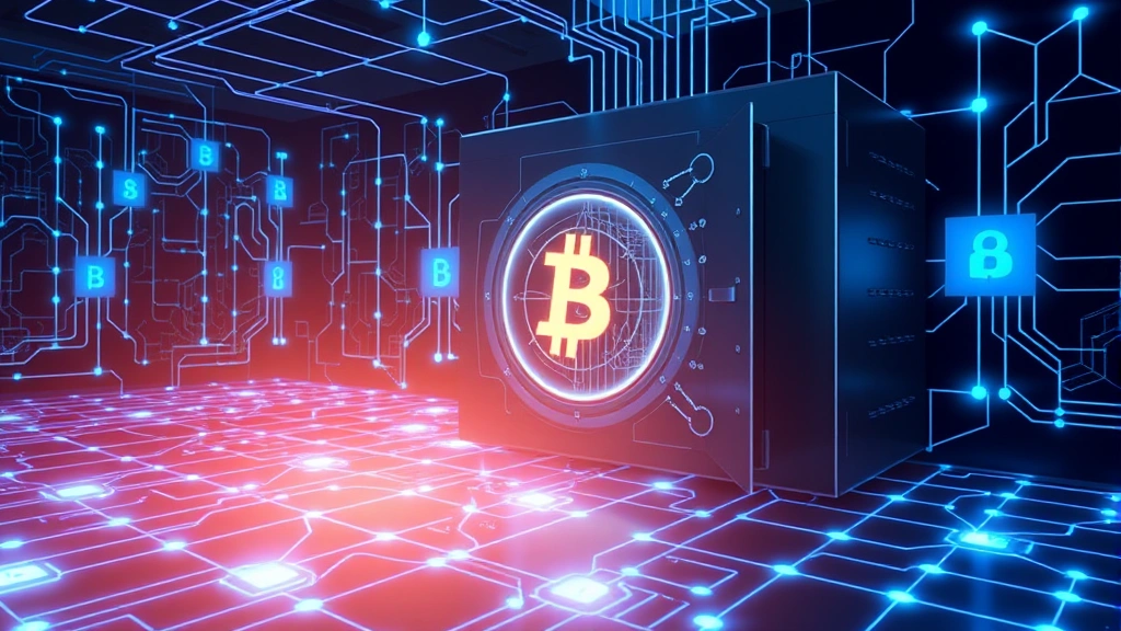 Digital cryptocurrency vault visualization showing secure Bitcoin storage, glowing blue blockchain nodes connected in network pattern, fortress-like security imagery, abstract digital landscape, professional financial technology aesthetic, no text or numbers visible
