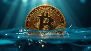 Digital illustration of a Bitcoin coin emerging from deep water with light rays breaking through the surface, representing recovery and bottoming patterns, photorealistic style