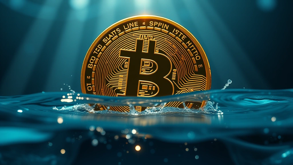 Digital illustration of a Bitcoin coin emerging from deep water with light rays breaking through the surface, representing recovery and bottoming patterns, photorealistic style