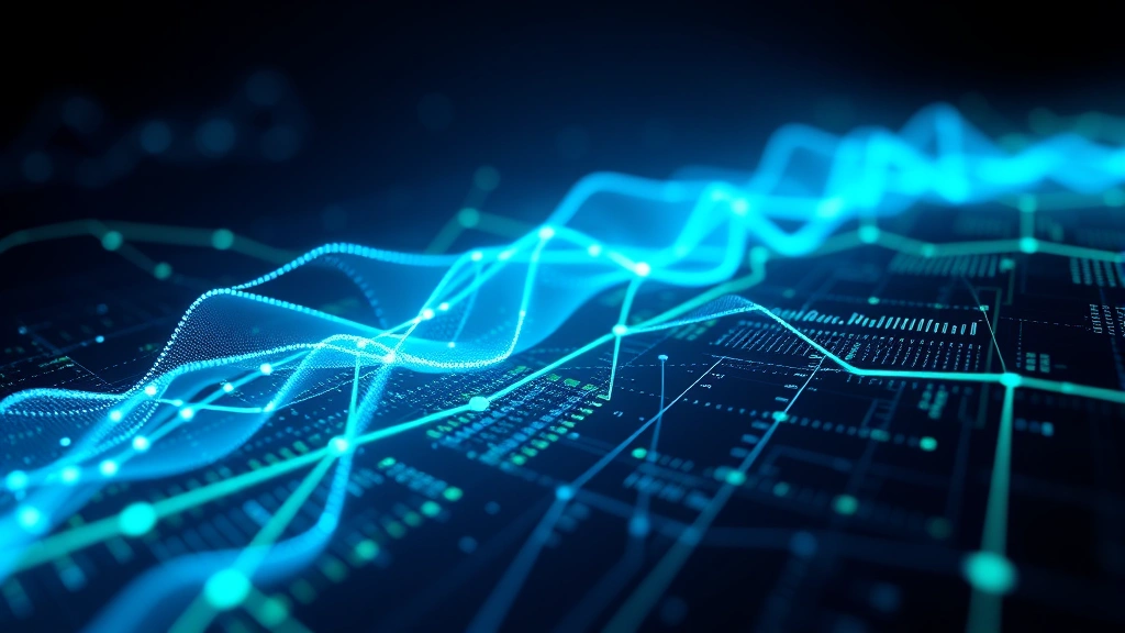 Abstract visualization of financial data flowing across a blockchain network with blue and green light trails, representing market analysis and on-chain metrics during market bottoms