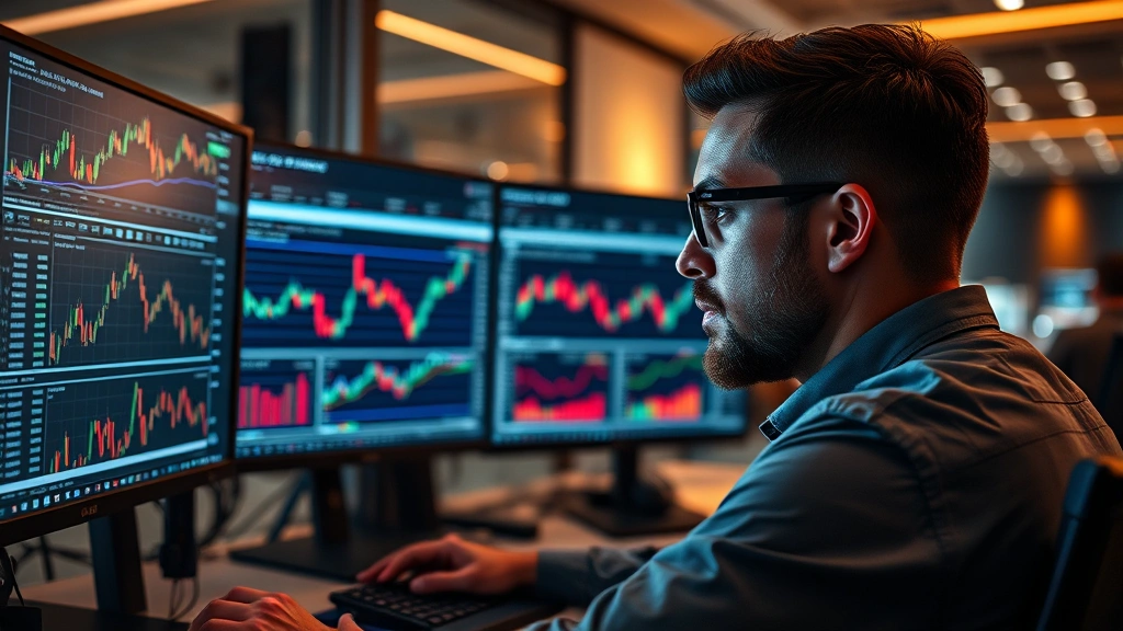 Photorealistic image of a trader analyzing multiple cryptocurrency charts on high-tech monitors in a modern trading room, showing concentration and technical analysis focus