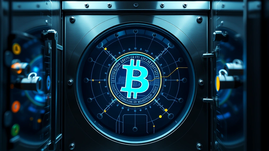 Institutional-grade cryptocurrency vault with secure digital locks and blockchain network visualization, representing Bitcoin ETF custody infrastructure