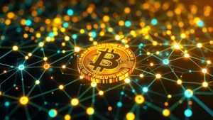 Digital representation of Bitcoin blockchain technology with glowing network nodes and cryptographic patterns, photorealistic 3D visualization of decentralized ledger architecture