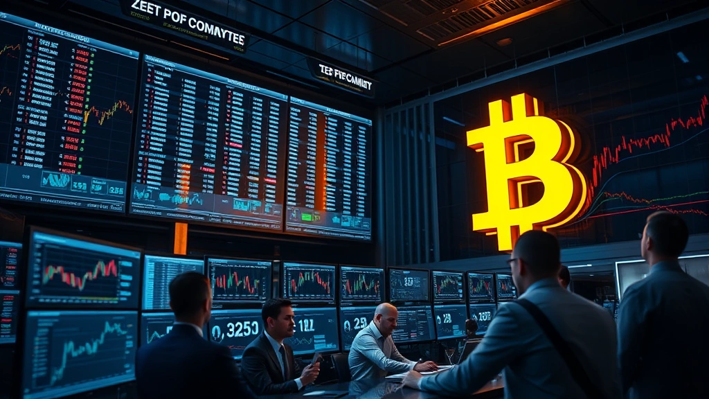 Modern cryptocurrency exchange trading floor with Bitcoin symbol glowing prominently, professional traders monitoring real-time market data and charts