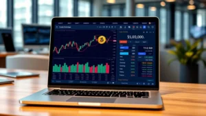 Photorealistic image of a laptop screen displaying cryptocurrency charts and calculator interface with Bitcoin symbol, colorful data visualization, modern workspace setting, no text visible, professional finance theme
