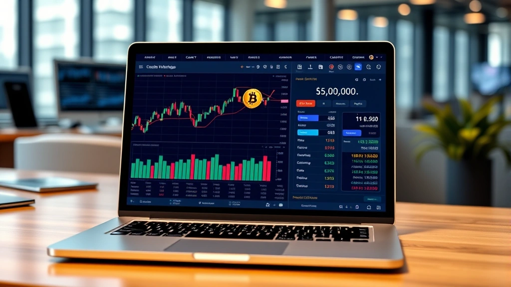 Photorealistic image of a laptop screen displaying cryptocurrency charts and calculator interface with Bitcoin symbol, colorful data visualization, modern workspace setting, no text visible, professional finance theme