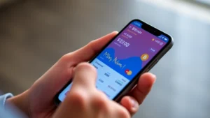 Close-up of hands using a smartphone displaying a Bitcoin price conversion interface with real-time market data, modern minimalist design with blue and orange color scheme, cryptocurrency symbols visible
