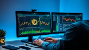 Professional cryptocurrency trader using a laptop with Bitcoin charts and calculator interface visible, modern minimalist workspace with dual monitors displaying financial data, soft blue and green lighting reflecting on screens, photorealistic high resolution