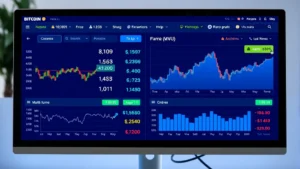 Digital interface showing Bitcoin price conversion charts with multiple currency symbols, real-time data streams, and cryptocurrency market analytics displayed on a modern computer screen with clean blue and silver design elements